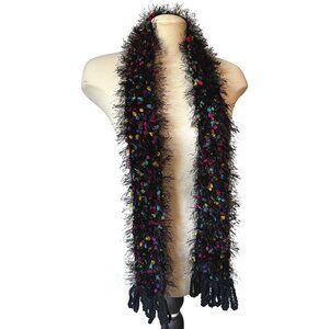 Handmade Black Fuzzy Crochet Scarf with Colorful Inlays 60" x 3.5" wide